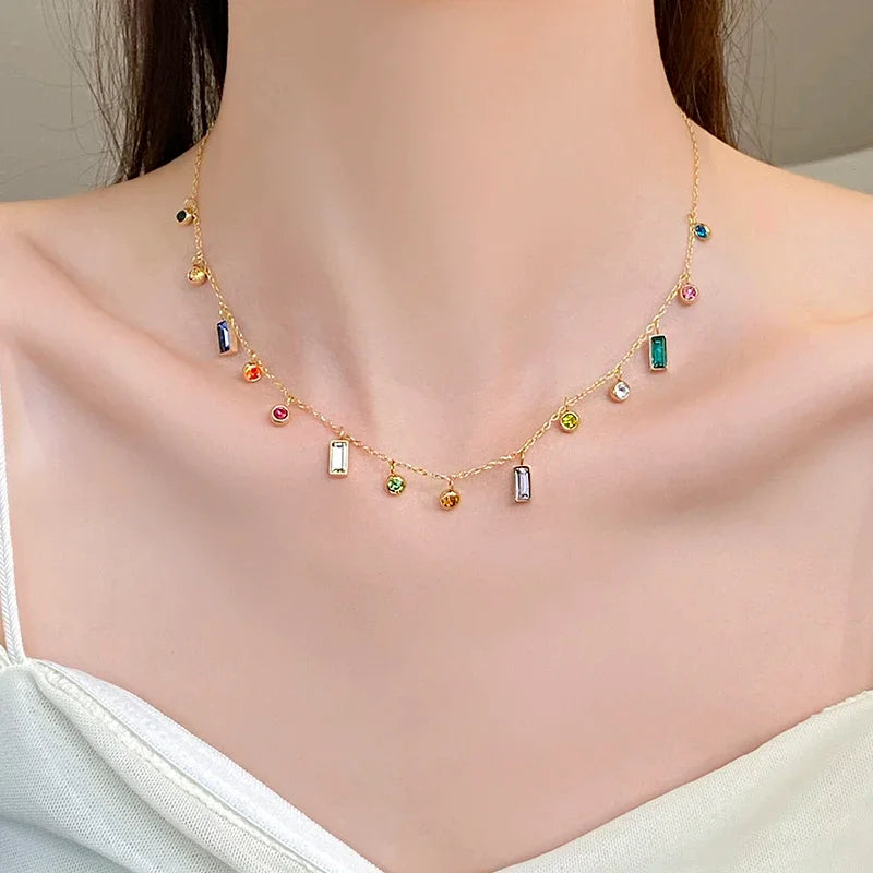 Multicolor Gemstone Drop Charm Necklace