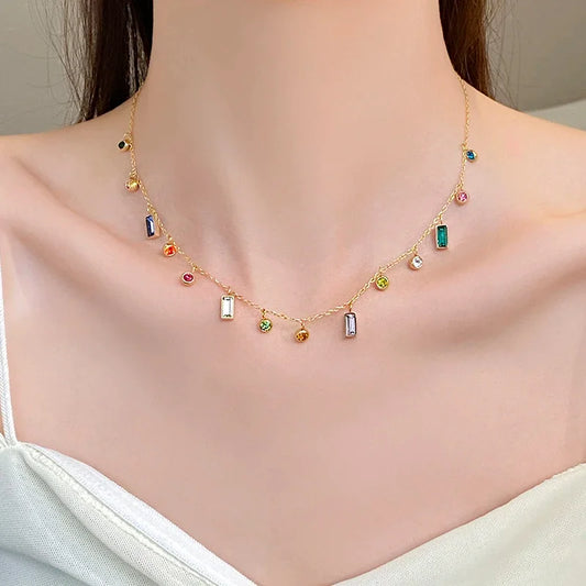 Multicolor Gemstone Drop Charm Necklace