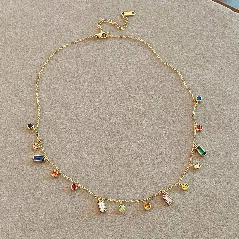 Multicolor Gemstone Drop Charm Necklace